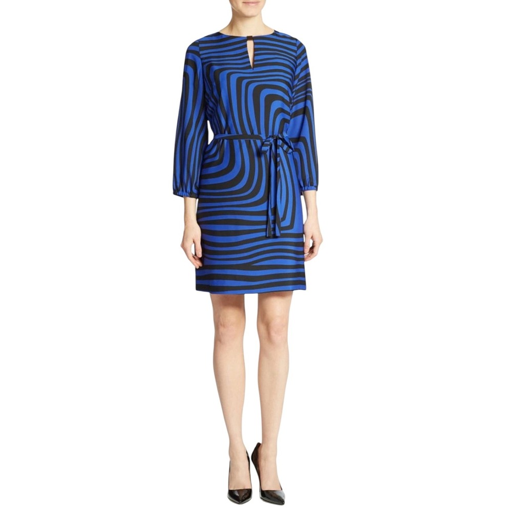 Tahari Wavy Stripe Shift Dress Cobalt Blue Black Size 4 NWT